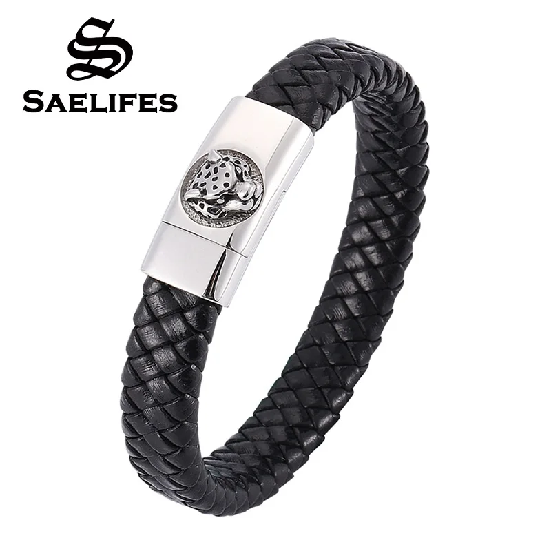 

2019 Punk Bracelets Men Stainless Steel Tiger Leopard Bracelets for Men Leather Bracelet Fashion Jewelry Male Wrist Band PB0318