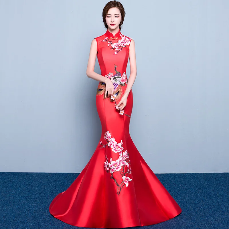 Red Mermaid Wedding Lace Traditional Dresses For Women Cheongsam Chinese Style Long Qipao Evening High Quality Satin