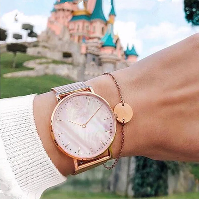 Mavis Hare розовое золото розовый Seashell сетки часы наручные часы с Stianless стальной круг Монета браслет на предплечье как идеальный подарок - Окраска металла: SET 1