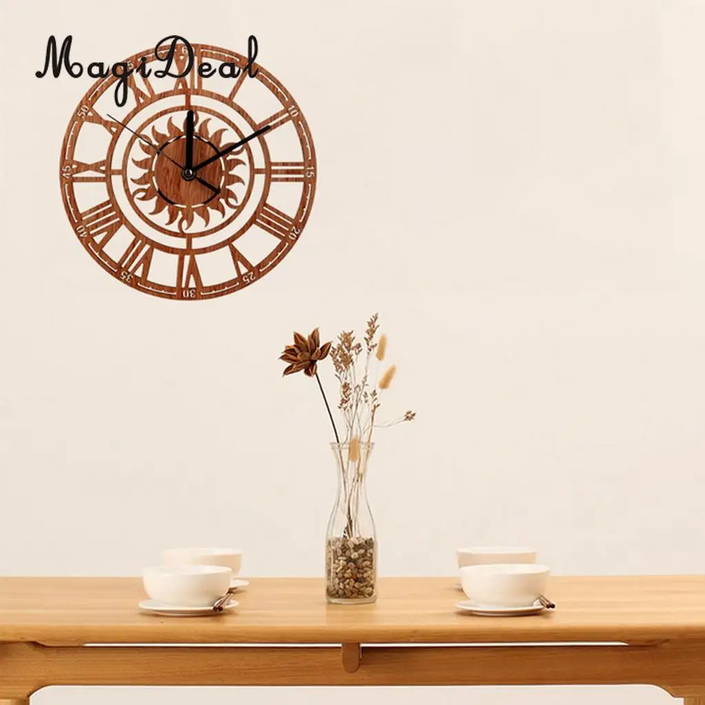 Large Round Sun Shaped Vintage Roman Handmade Decorative Art Wooden Large Wall Clock On The Wall For Gift 23cm