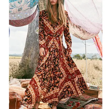 

Vintage split prairie chic dress Women spring summer floral print maxi dress long sleeve v neck party boho dress robe plus size