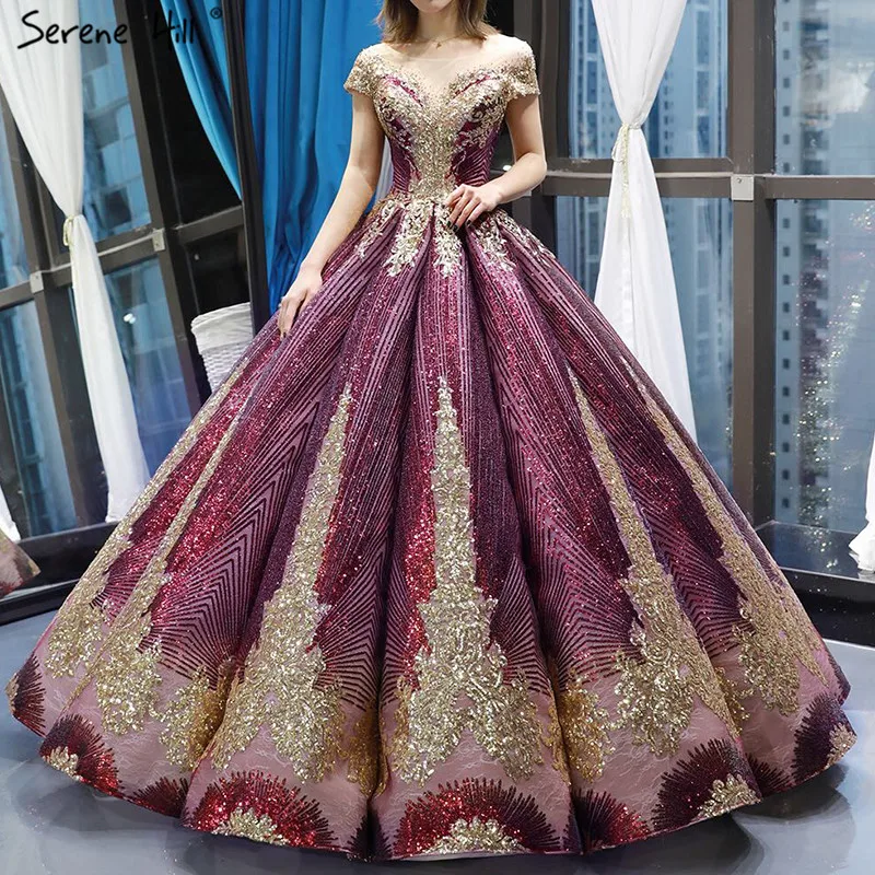 

Purple Red Sleeveless Sparkly Luxury Wedding Dress 2019 Sequined High-end Sexy Bridal Gowns 66754 Custom Made