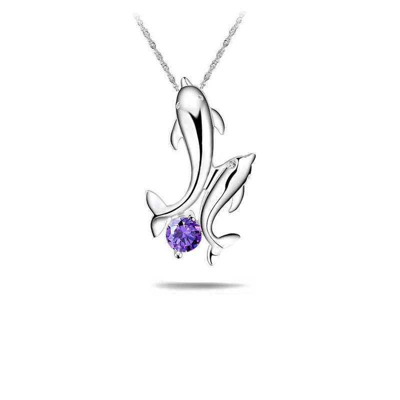 Маленький милый Дельфин танец 925 пробы с двумя цветами Австралийский кристалл кулон ожерелье для женщин ювелирные изделия подарок - Окраска металла: Purple