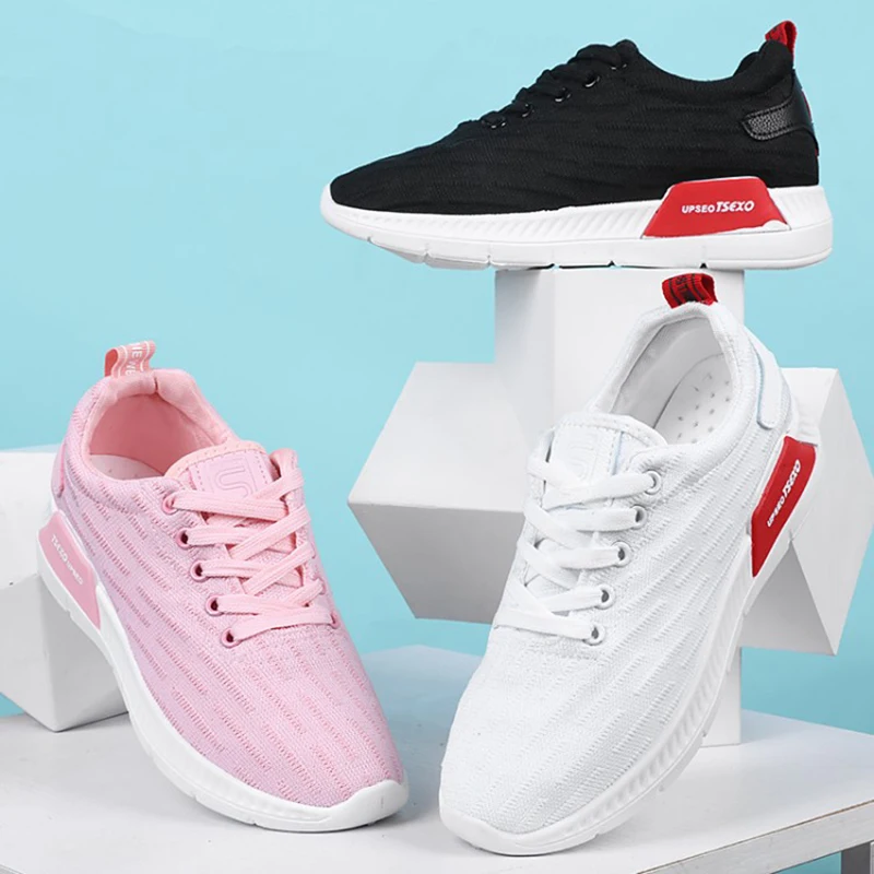 

2019 Spring Comfortable Mesh Off White Womens Sneakers Ventilated Casual Flat Black Pink Sneakers FM-9801