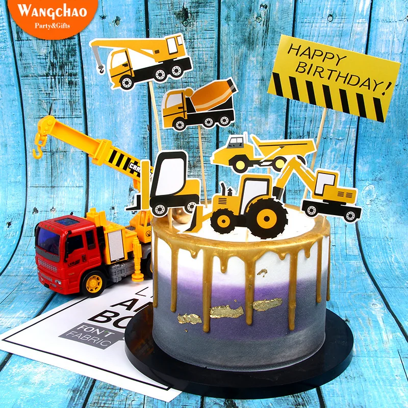 

Engineering Car Excavator Bulldozer Cake Decoration Road Sign Science and Education Traffic Model Boy Happy Birthday Cake Topper