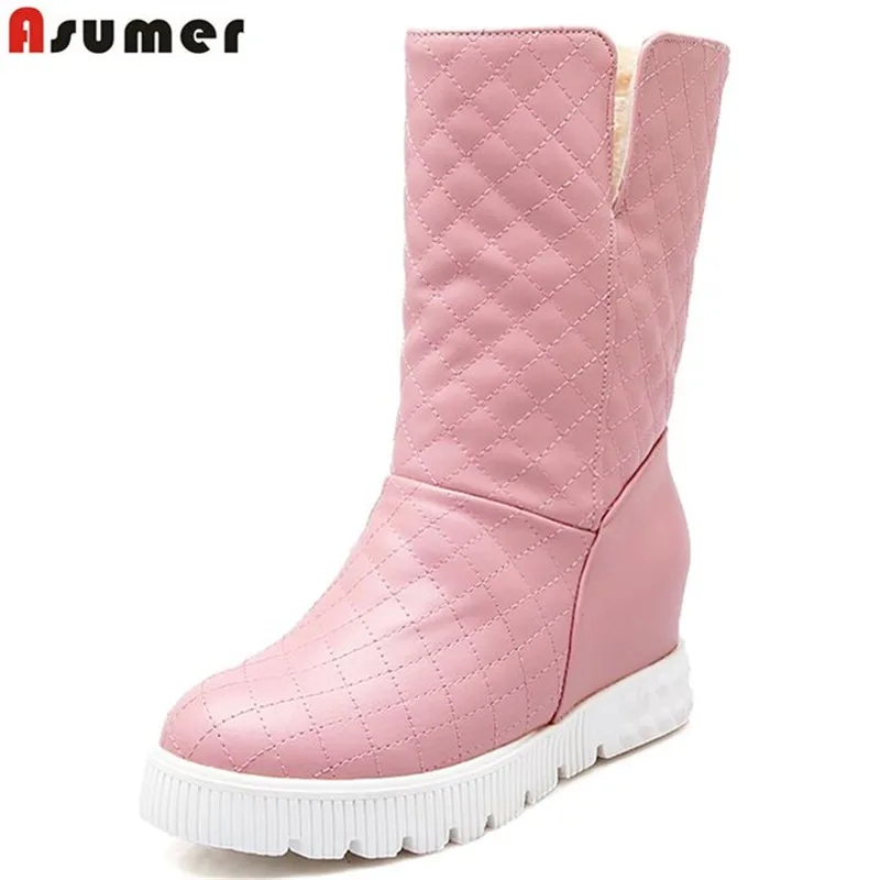 

ASUMER New arrive youth fashion height increasing mid calf boots for women high quality pu soft leather winter warm snow boots