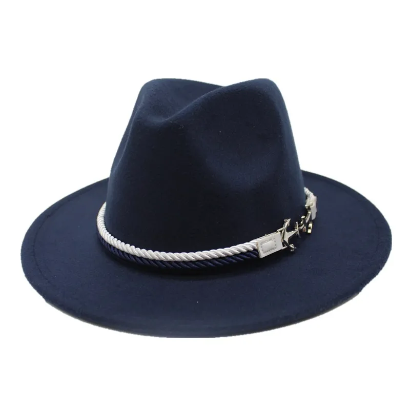 Seioum Весенняя фетровая шляпа с широкими полями для мужчин и женщин, винтажные джазовые шляпы, модные шляпы со звездами, шерстяная фетровая шляпа унисекс, красная фетровая шляпа-котелок - Цвет: Navy