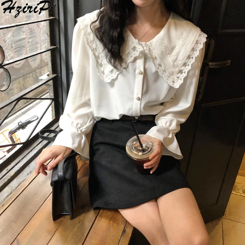 

Hzirip Women Blouses 2019 Spring Autumn Loose Long Elastic Sleeve Slim Peter Pan Collar Solid Shirt Women Tops Clothing Blusas