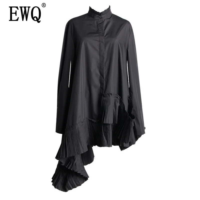 

[EWQ] 2019 New Spring Summer Stand Collar Long Sleeve White Loose Irregular Hem Pleated Loose Shirt Women Blouse Fashion JI824