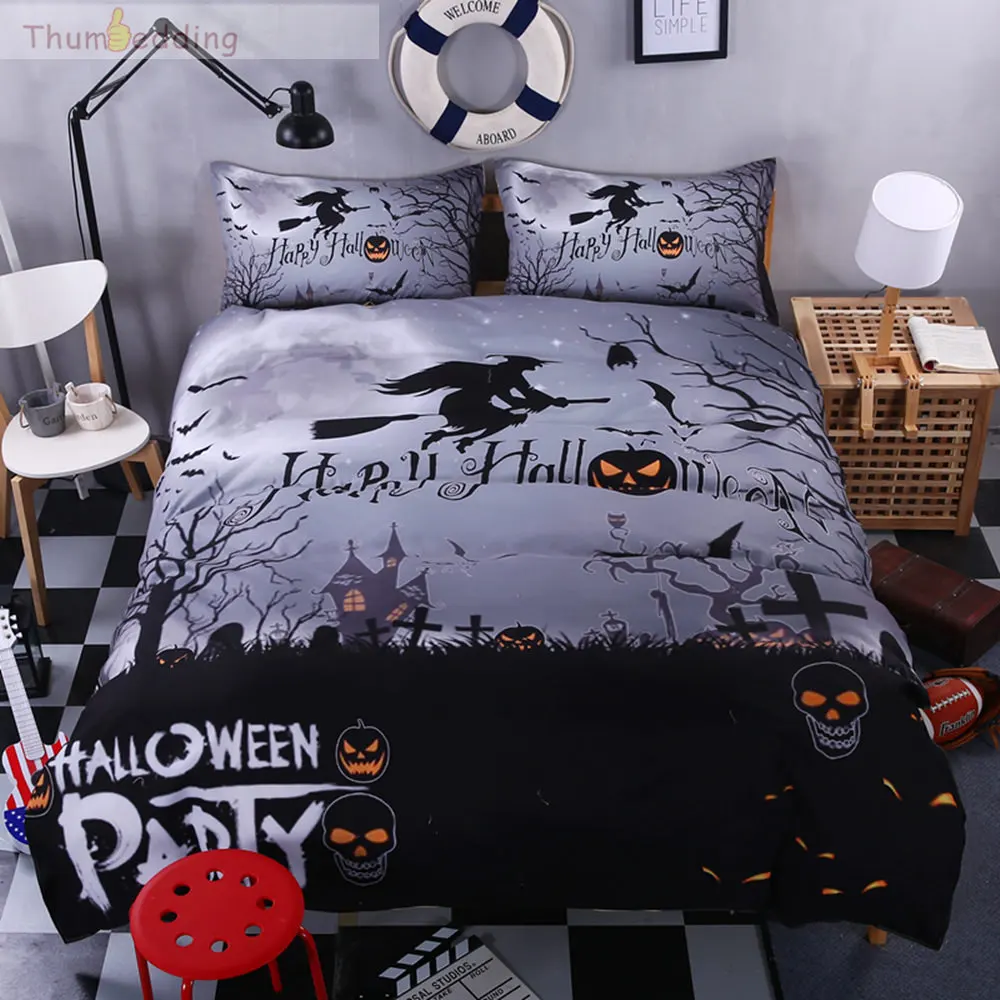 

Thumbedding Black White Bedding Sets Happy Halloween Image Duvet Cover Set King Size Home Atmosphere Decoration Bed Set 3pcs