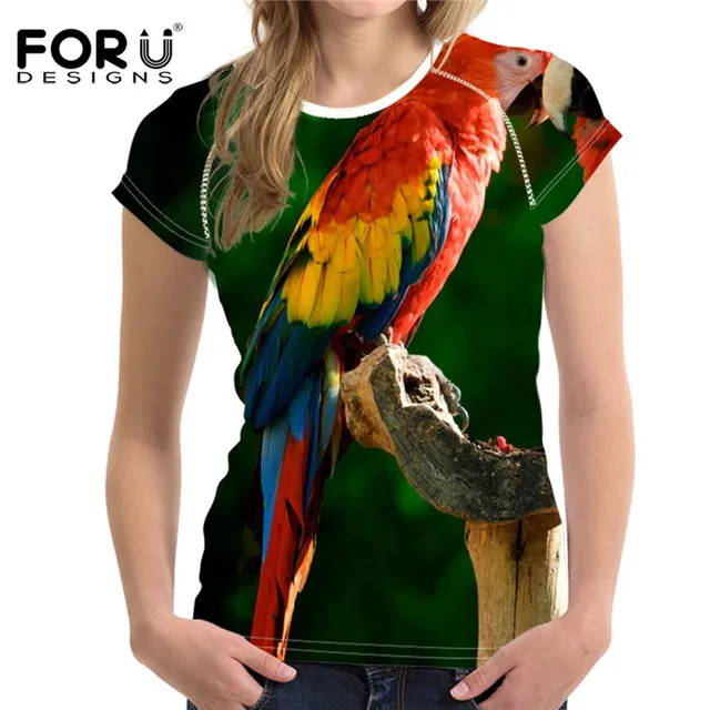 FORUDESIGNS Parrot Printed Female T shirt Green Cute Tee Brand T shirts Harajuku Style Soft Slim ...