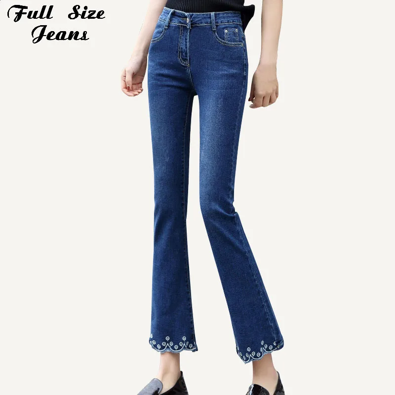 

Plus Size Floral Embroidery Ankle Length Flare Jeans 3XL 5XL 7XL Spring Summer Blue Stretch Capris Bell Bottom Mom Jeans