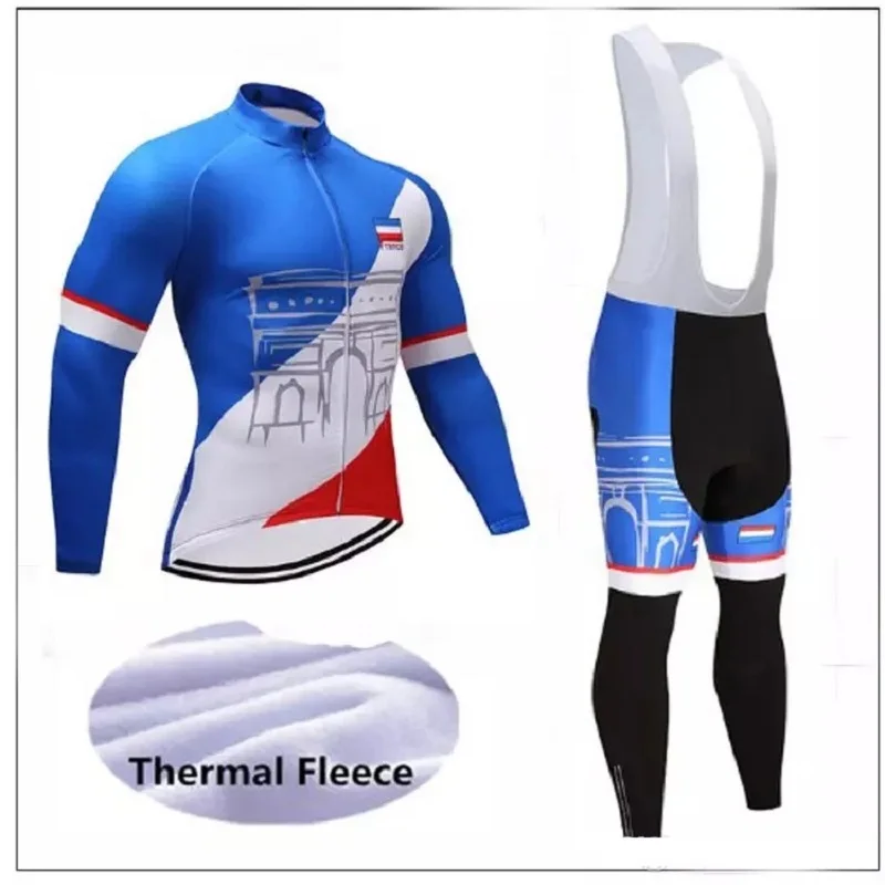

France Team Winter Long Sleeves Cycling Jerseys Set with Thermal Fleece Gel Padded Bib Pants for Men Bike Wear Cycling Sets