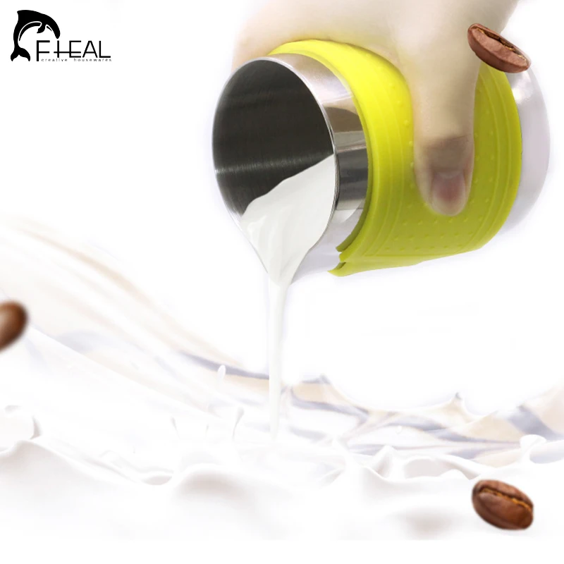 

FHEAL Milk Frothing Jug Stainless Steel Silicone Insulation Espresso Coffee Pitcher Pull Flower Cup Barista Milk Foam Jugs