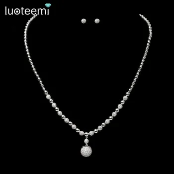 

LUOTEEMI Luxury Tiny Cubic Zirconia Micro Paved Crystal Ball Beaded Women Earrings Necklace Sets For Party Jewerly Bijoux