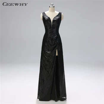 

CEEWHY V-Neck Black Evening Dresses Long High Split Sequin Evening Dress Plus Size Formal Gowns Vestido de Noche Abiye Elbiseler