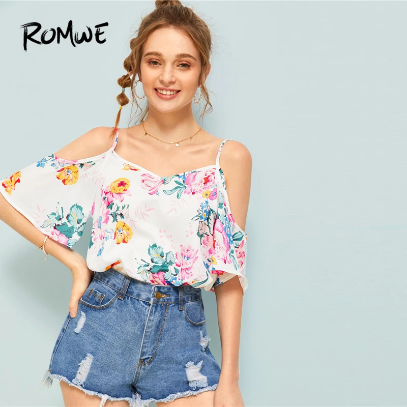 

ROMWE White Floral Print Cold Shoulder Blouse Women Summer 2019 Short Sleeve Spaghetti Strap Girly Boho Tops And Blouses