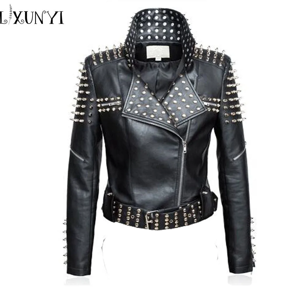4XL Europe Autumn New Handsome Rivet Motorcycle jacket Women Belt Short