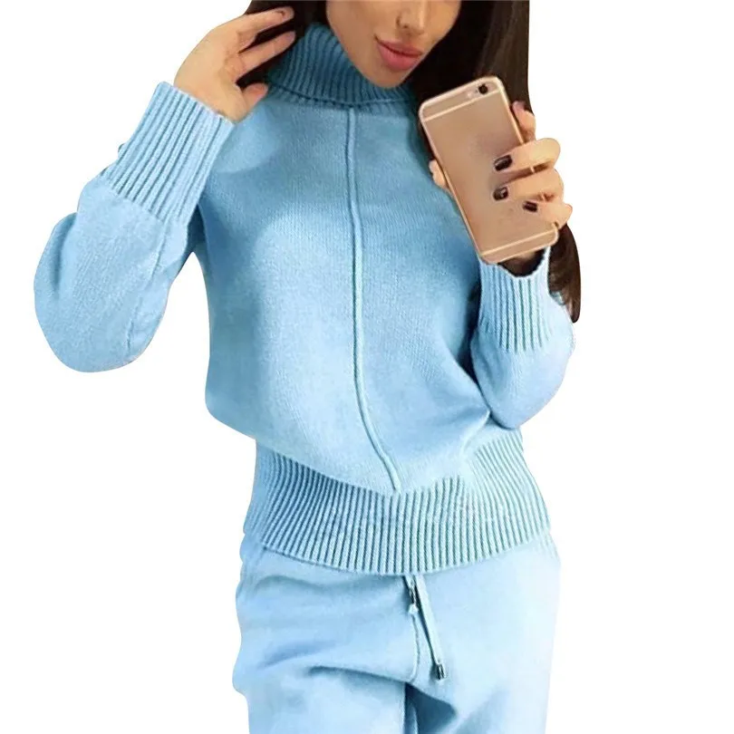 

2018 Winter Woolen And Cashmere Knitted Warm Suit Casual High Collar Sweater Cashmere Pants Loose Style Two-Piece Set Knit