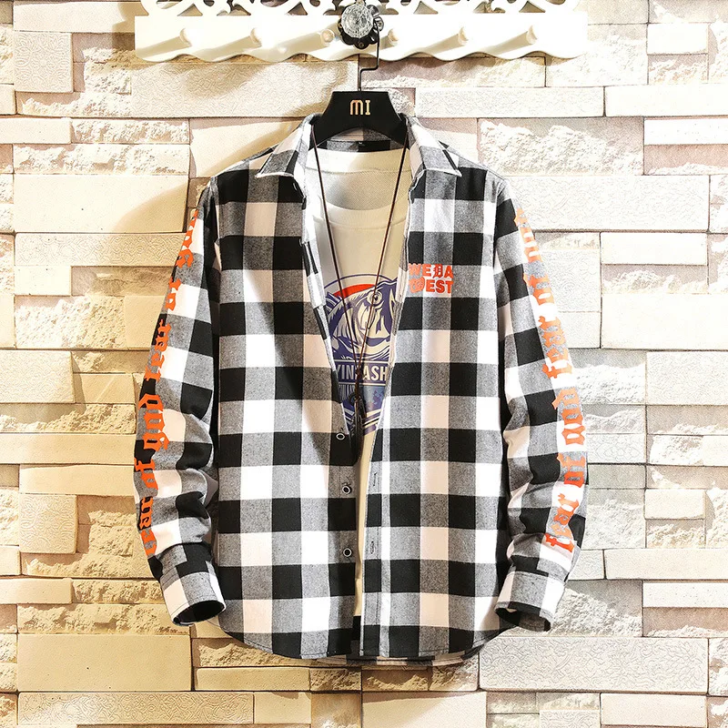 

#0163 Spring Black And White Plaid Shirt For Men Long Sleeves Harajuku Streetwear Hip Hop Shirt Man Cotton Plus Size 4XL