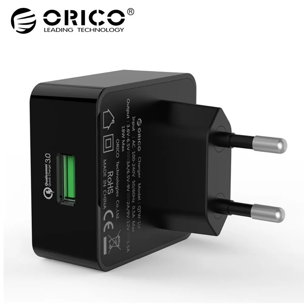 

ORICO 1 Port QC3.0 USB Quick Charger Wall Charger with 1m Free Micro USB Cable EU/US/UK Type Plug-Black(QTW-1U)