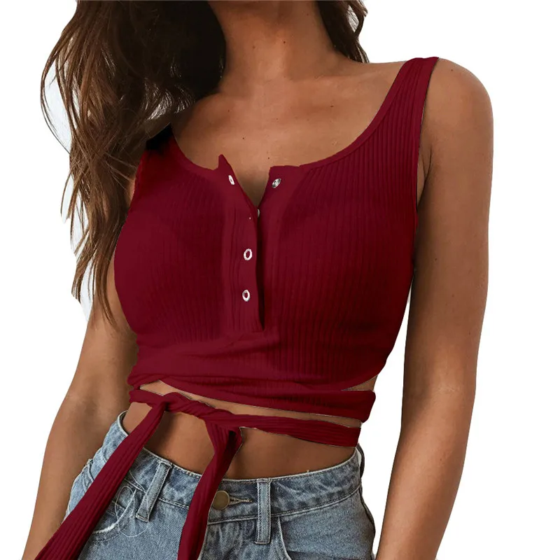 

Bzoosio Womens Bandage Tank Top Crop Top Summer Ladies Sexy Sleeveless Sexy Button Vest Patchwork Tank Tops regata feminina 2019