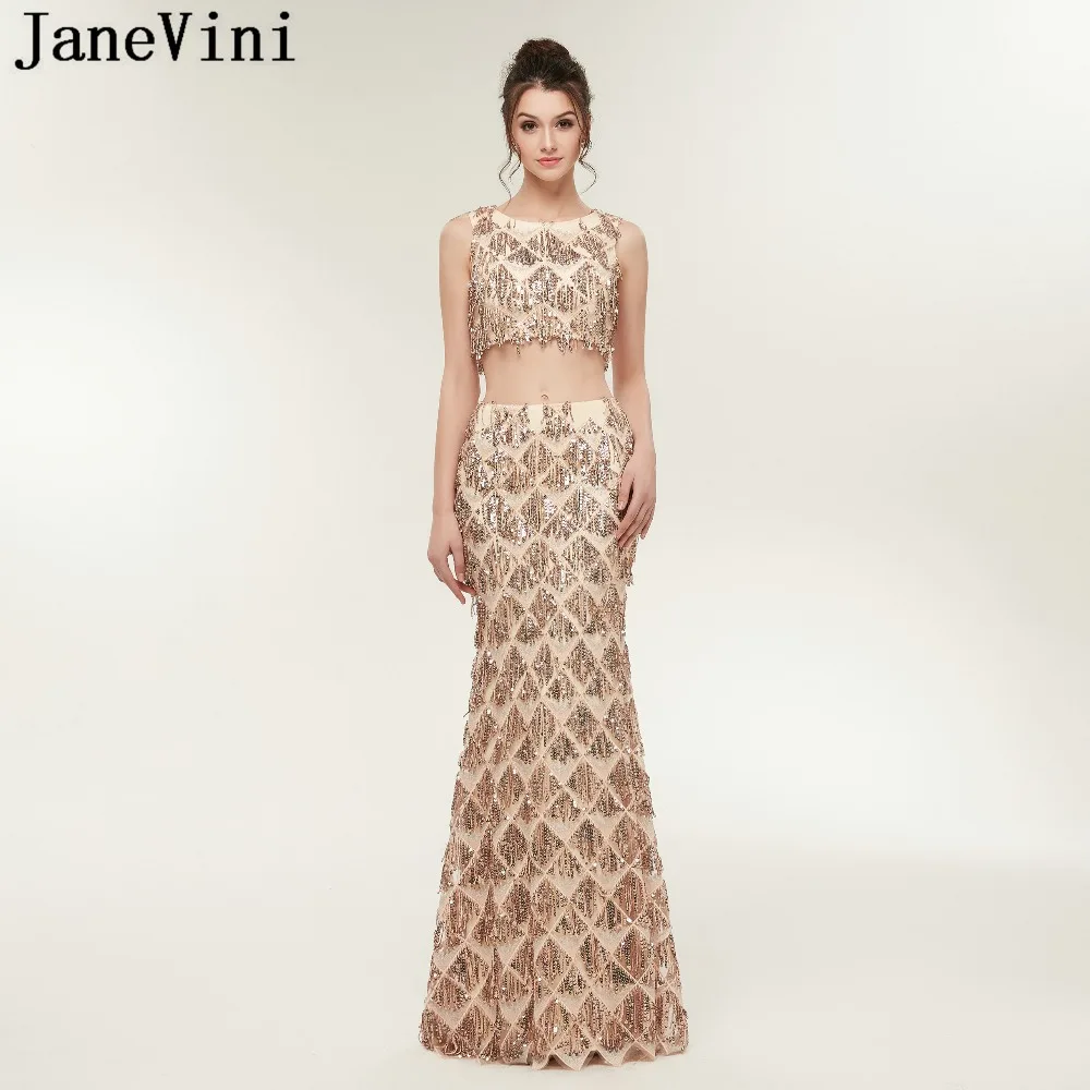

JaneVini Champagne Gold Two Piece Sparkly Prom Dresses O Neck Sleeveless Sequined Tassel Mermaid Prom Gowns Vestidos Compridos