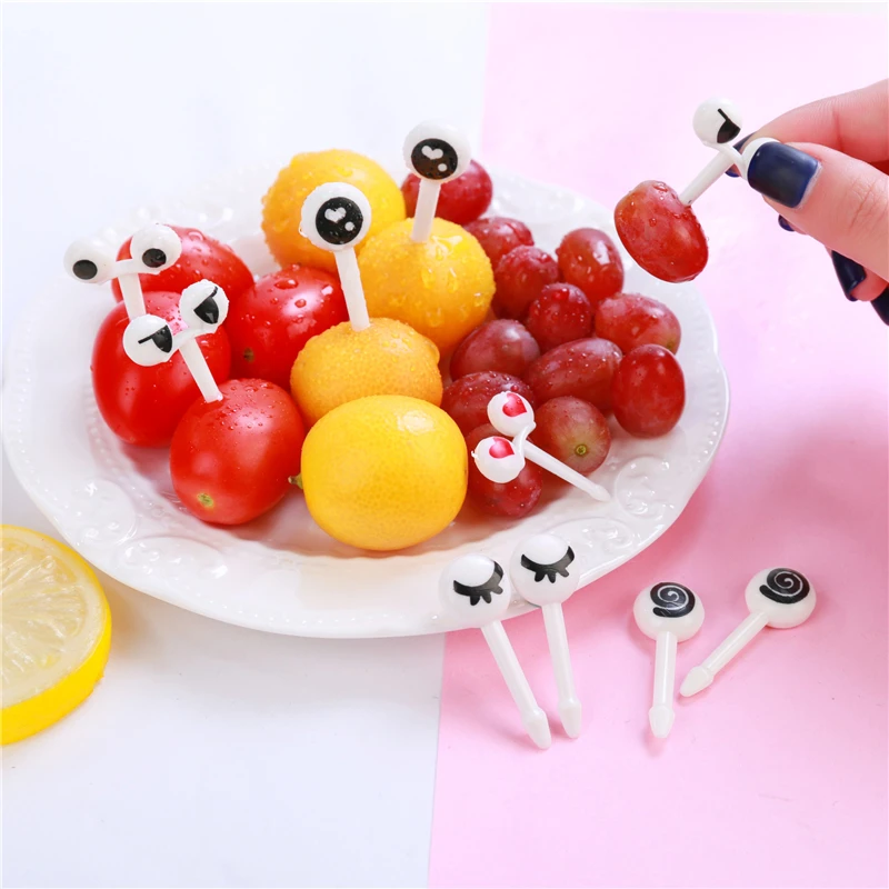 10pcs/set Mini Fruit Fork Eye Cartoon Expression Plastic Fork Fruit
