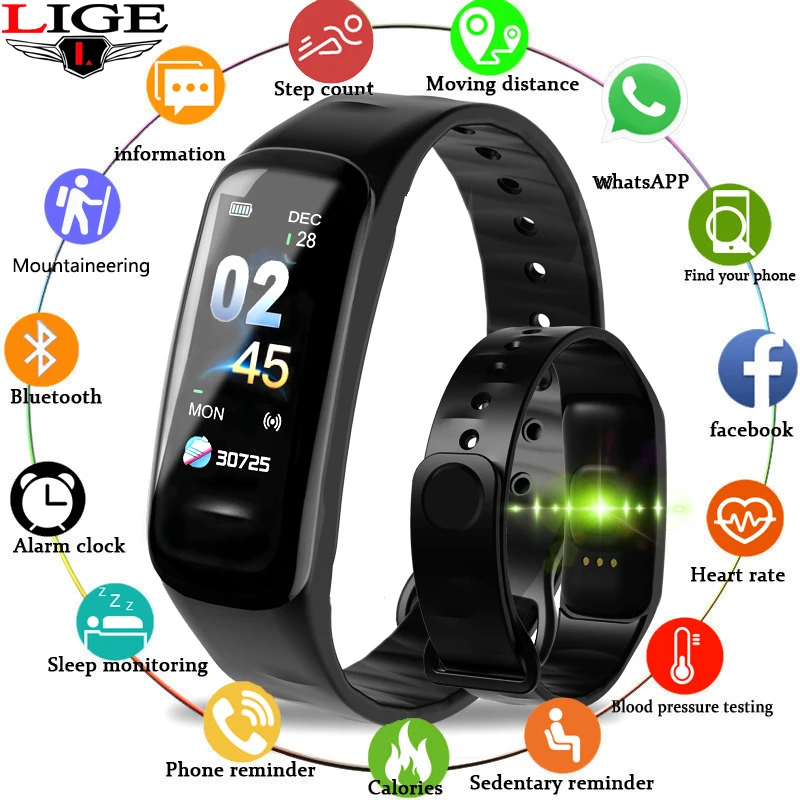 

2019 LIGE New Sport bracelet Men Women Bluetooth Watch LED Color Touch Screen Heart Rate Monitor Smart bracelet for Android iOS