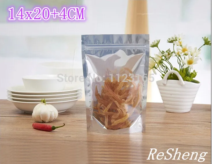 

14X20CM Stand up Translucent aluminium Zip Lock bag 100pcs Front clear & silver metallic foil zipper self sealing plastic pouch