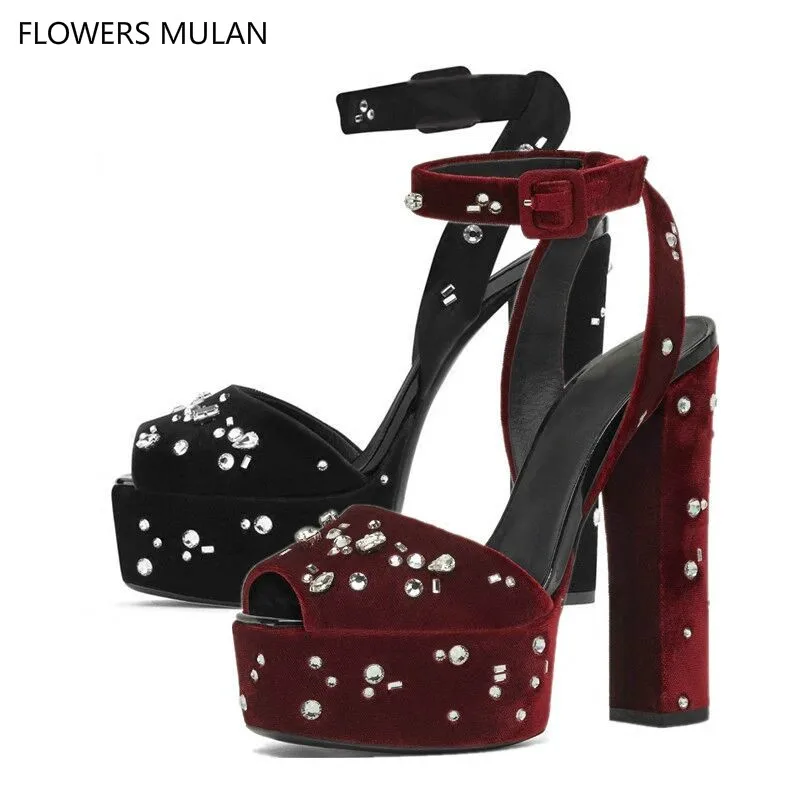 Tributo Tacones Zapatos rosy Gladiator Decoraciones Red Peep Mujer Negro Altos Sandalias Mujeres Toe Vino Terciopelo Cristal Sexy Beige xqwRYfOv