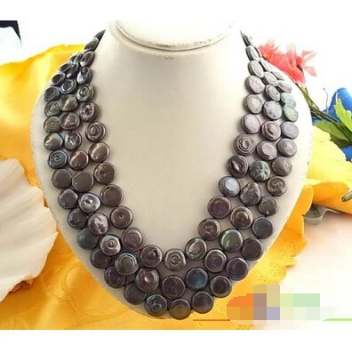 

3ROW 14MM BLACK COIN FRESHWATER CULTURED PEARL NECKLACE SHELL @^Noble style Natural Fine jewe FREE SHIPPING ##a #a