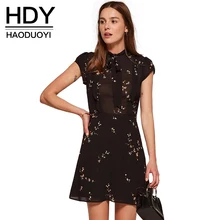 HDY Haoduoyi verano Mujer Vintage A-line estampado manga corta Mini vestido imperio o-cuello sólido negro Vestidos de moda negro