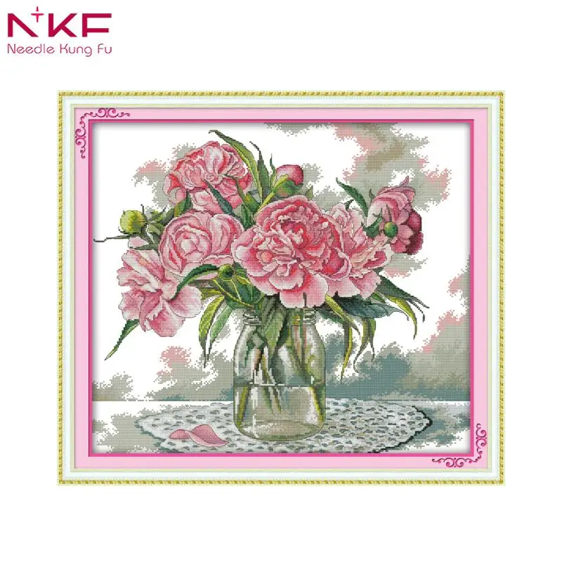 

NKF Peony Flower DIY handmade DMC 14ct and 11ct Cross stitch kit and Precise Printed Embroidery set