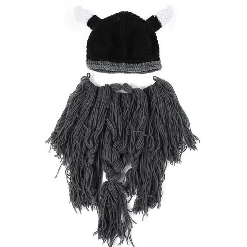 Рождественский забавный мужской вязаный парик викинга с длинной бородой, Роговая шапка Vagabond, Варвара, сумасшедшая Лыжная шапка, шапочка для Хэллоуина, Великобритания - Цвет: Серый