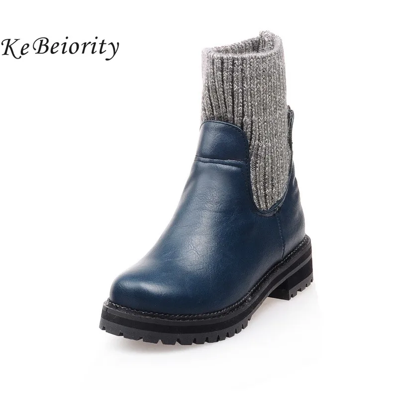 

KEBEIORITY Autumn Winter Shoes Woman Low Heel Leather Ankle Boots Heels Women Blue Black Female Winter Boots 2018 Plus Size
