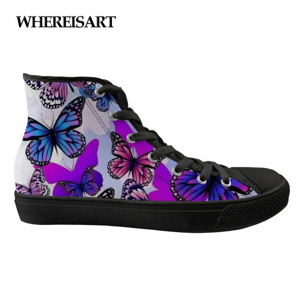 

WHEREISART Drop Shipping 3D Cute Butterfly Print Casual Women Flats Shoes High Top Canvas Spring Ladies High-top Sneakers Woman