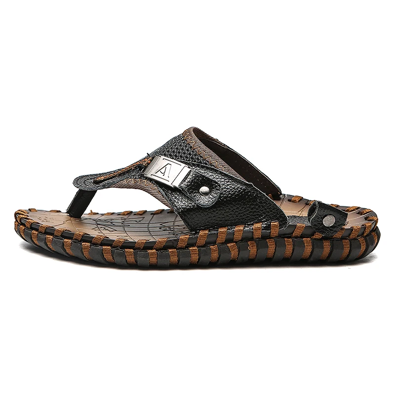 ALCUBIEREE/мужские шлепанцы; вьетнамки из натуральной кожи; летняя пляжная обувь дышащая сандалии; освежающие слипоны; большие размеры 47, 48 - Цвет: Black