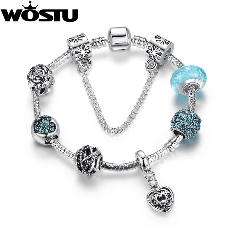 High Quality  Silver Blue Crystal Charm Bracelet For Women Fashion Original DIY Beads Jewelry Gift For Mother XCH1886