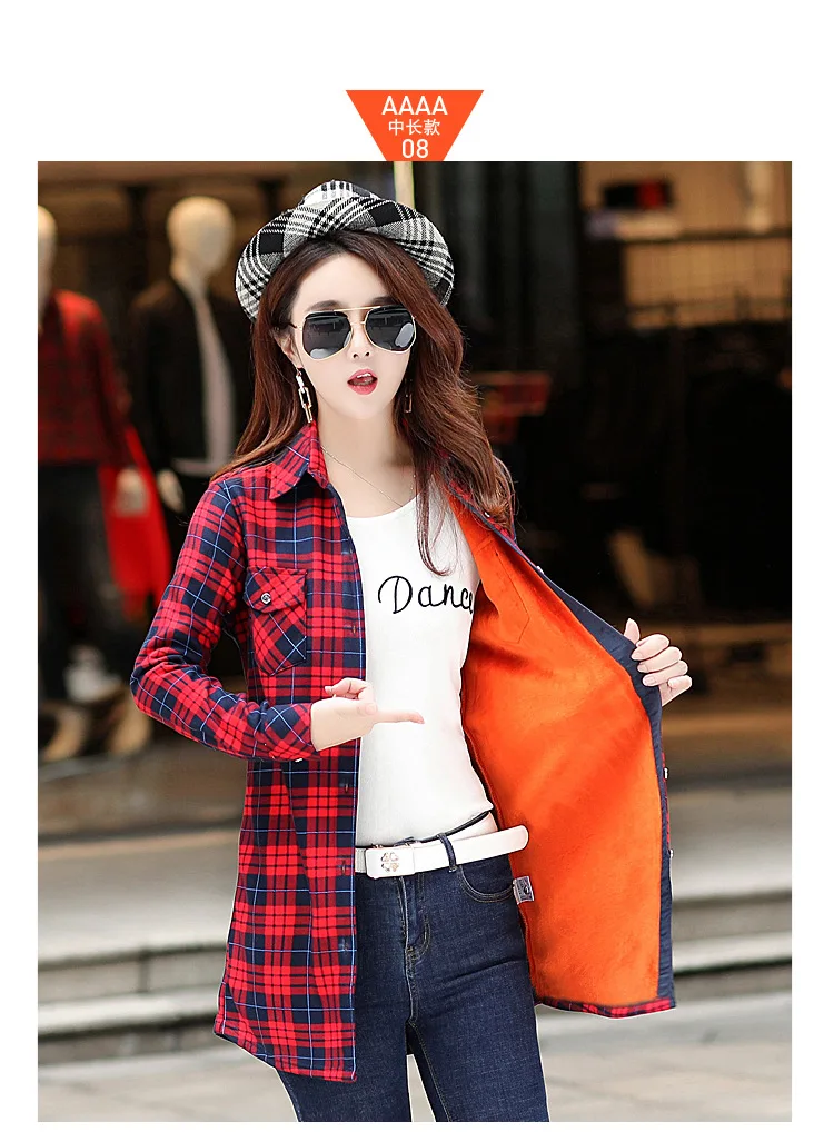 womens shirts Velvet Thick Warm Women's Long Plaid Shirt Female Full Sleeve Tops M-XXXL Winter Check Blouse Blusas Femininas Chemise Autumn off the shoulder shirts & tops