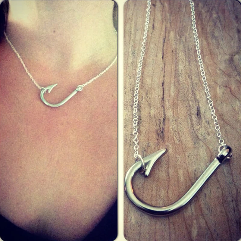 

Sideways Fish Hook Necklace Fishers of Men Necklaces Silver Fish Hook Pendant Necklace Collar Nautical Jewelry Gifts