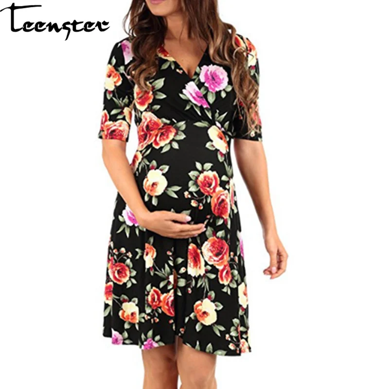 

Teenster Pregnancy Dress Flower Digital Printing Summer Sexy Dress Maternity Maxi Clothes Women Robe Grossesse Pregnant