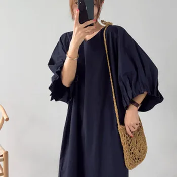 

LANMREM 2020 Spring New Casual Fashion Temperament Women Loose Plus Solid Color Round Neck Lantern Sleeve Sweet Dress TC668