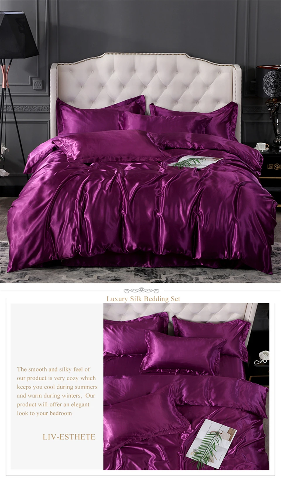 Liv Esthete Luxury Purple Satin Silk Bedding Set Silky Duvet Cover