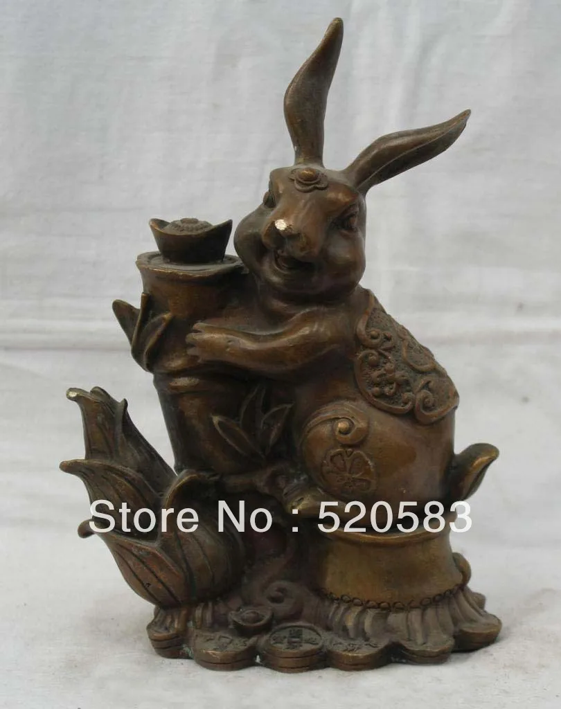 

9" China Chinese Fengshui Purple Bronze Lotus Yuanbao Cion Rabbit Wealth Statue