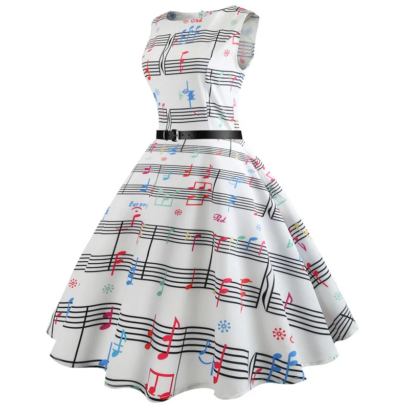 Kostlich 2018 Casual Women Big Swing Dress Plus Size O-Neck Tabs Print Dresses Summer Hepburn Vintage Dress With Sashes  (3)