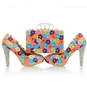 

Wedding Pumps Women Shoes and Bags to Matching Crystal Platform Bride Shoe Floral Lace Purse High Heels Genuine Leather Big Size