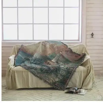 

American country landscape painting sofa cloth blanket cotton thread blanket window carpet tapestry