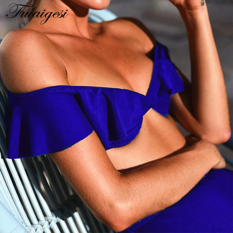 

Fulaigesi Flounce bikini swimsuit women 2019 high waist swimwear solid off shoulder strapless bathing suit beach strappy tankini