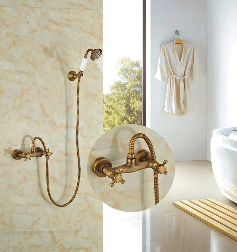 Bathroom Antique Barss Shower Faucet Double Handles W/Hand Shower Wall Mounted Shower Faucet